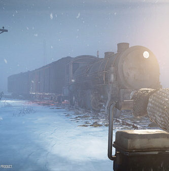 Frostrail first-person shooter gameplay showing snowy landscape and monstrous creatures