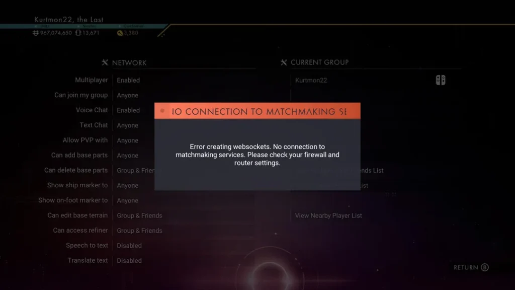 Error message screenshot from No Man’s Sky multiplayer on Nintendo Switch 2