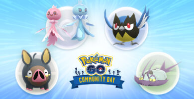 Official Pokémon GO August 2025 Community Day vote promo featuring Frillish, Wimpod, Rookidee, and Lechonk
