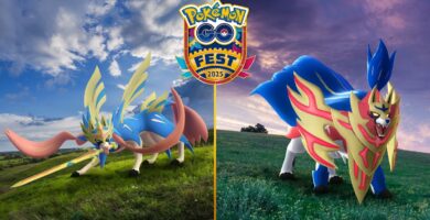 Zacian and Zamazenta in their Crowned forms surrounded by glowing Adventure Effect energy in Pokémon GO Fest 2025.