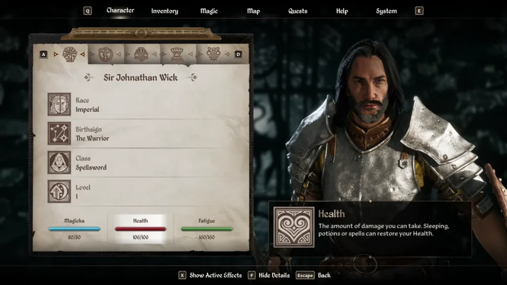 Screenshot of John Wick character build in Oblivion Remastered with long hair, beard, and black armor