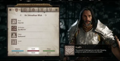 Screenshot of John Wick character build in Oblivion Remastered with long hair, beard, and black armor