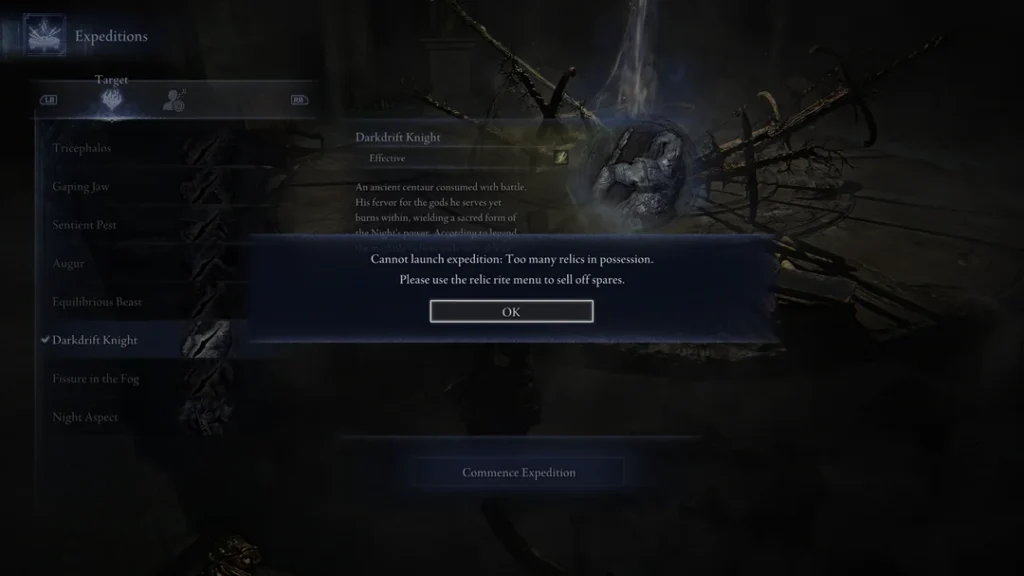 Elden Ring Nightreign expedition menu blocked due to relic cap warning