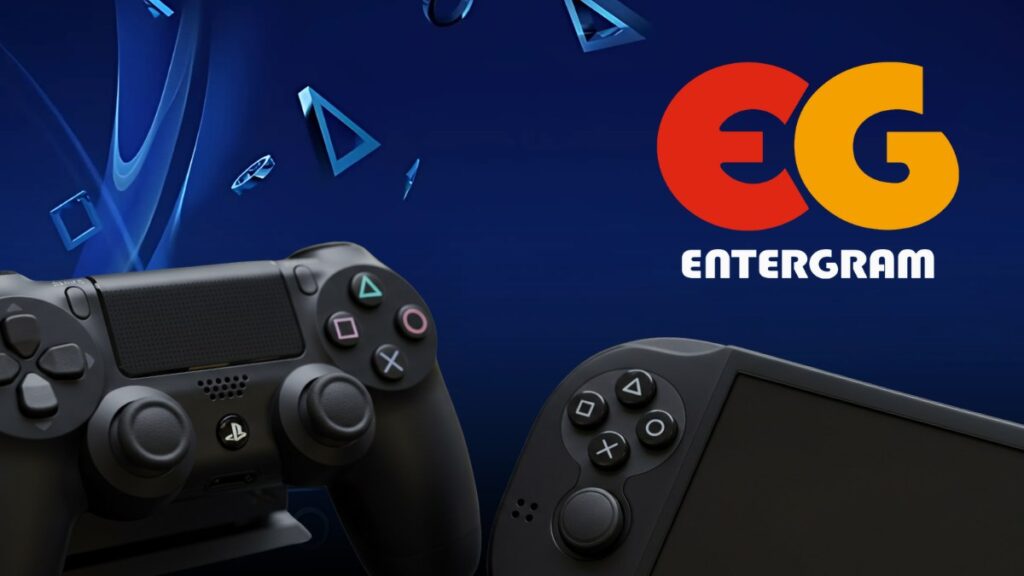 Entergram logo overlaid on PlayStation Store interface with delisted game warning