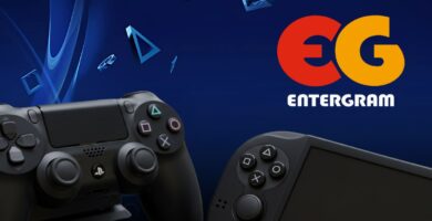 Entergram logo overlaid on PlayStation Store interface with delisted game warning
