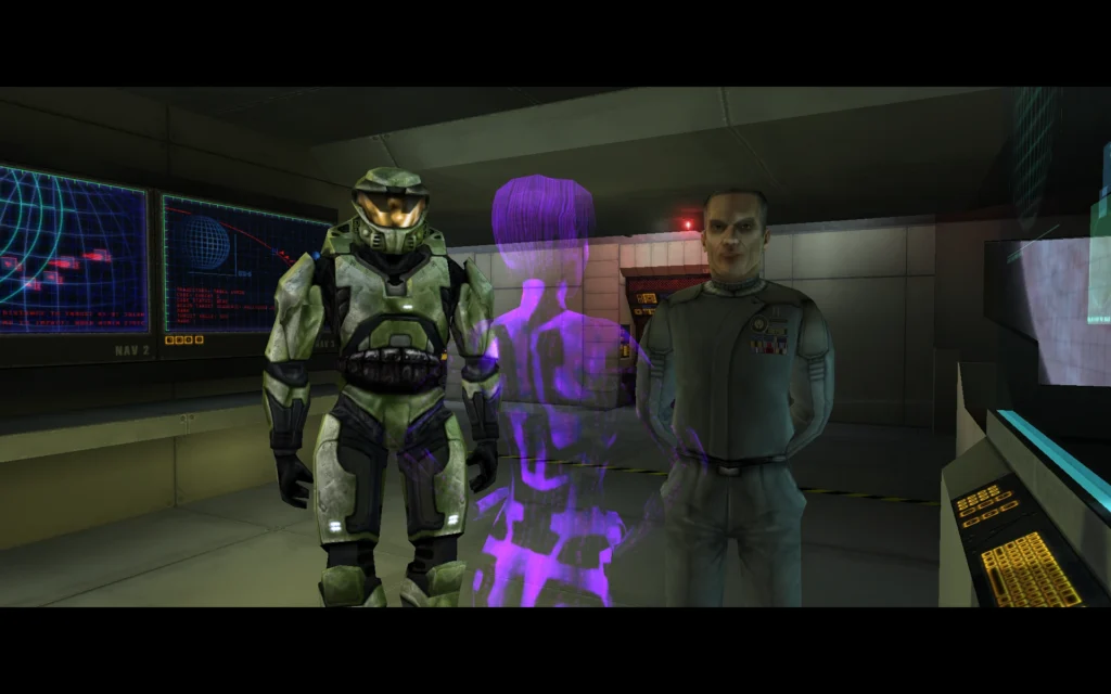 Screenshot of Master Chief in the original Halo: Combat Evolved campaign