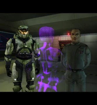 Screenshot of Master Chief in the original Halo: Combat Evolved campaign