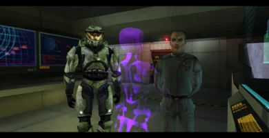 Screenshot of Master Chief in the original Halo: Combat Evolved campaign