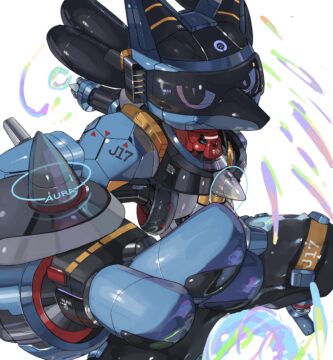 Mechario, a mecha-inspired fan design of Pokémon Lucario featuring metallic armor and helmet-like head