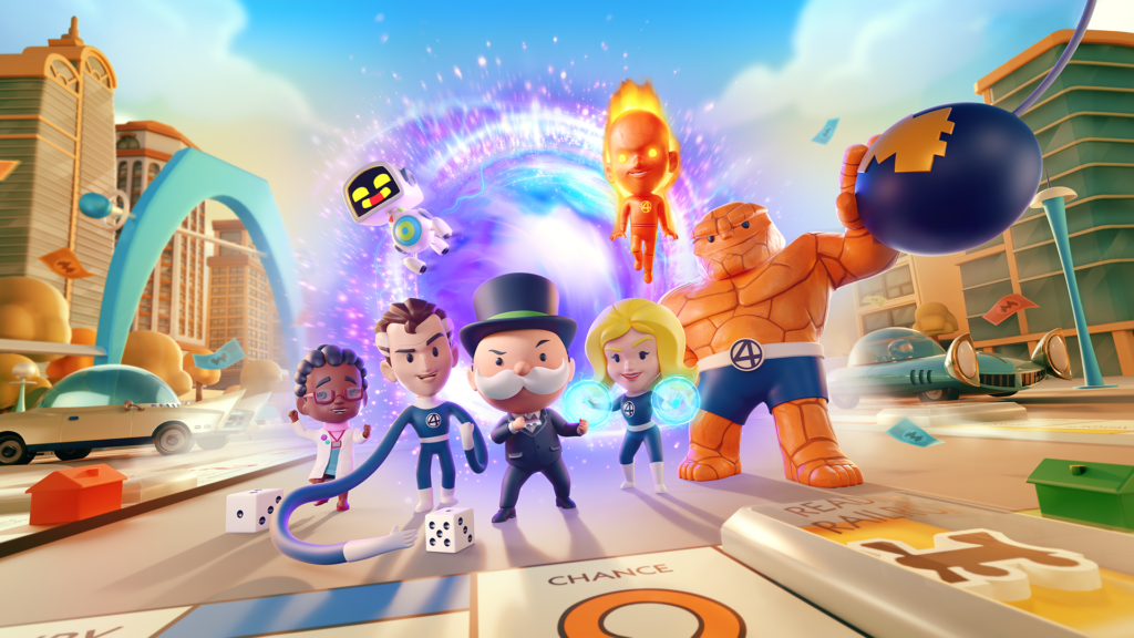 Official promotional image of Monopoly GO characters with Marvel’s Fantastic Four — Mister Fantastic, Invisible Woman, Human Torch, and The Thing — featured on a digital board.