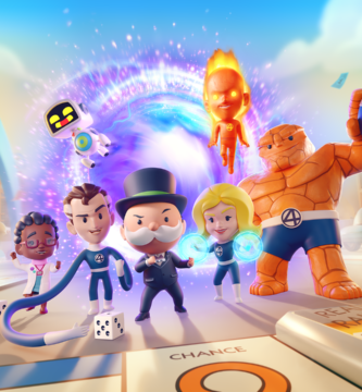 Official promotional image of Monopoly GO characters with Marvel’s Fantastic Four — Mister Fantastic, Invisible Woman, Human Torch, and The Thing — featured on a digital board.