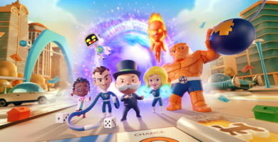 Official promotional image of Monopoly GO characters with Marvel’s Fantastic Four — Mister Fantastic, Invisible Woman, Human Torch, and The Thing — featured on a digital board.