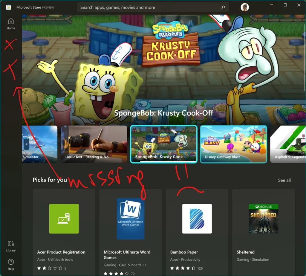 Xbox Store interface showing missing Entertainment tab