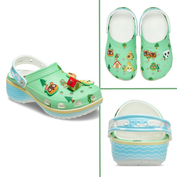 Animal Crossing Crocs featuring Tom Nook, K.K. Slider, and Isabelle with customizable Jibbitz charms