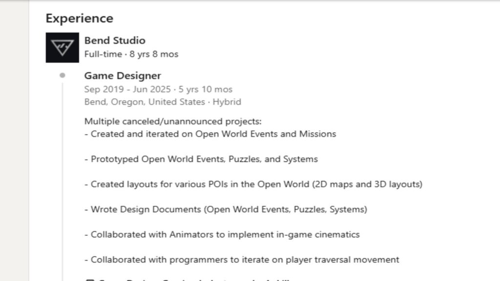 Bend Studio headquarters with overlay of canceled game concepts and LinkedIn profile
