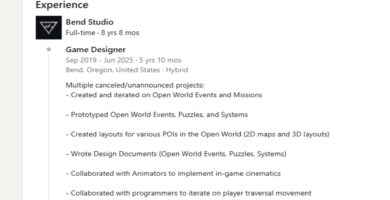 Bend Studio headquarters with overlay of canceled game concepts and LinkedIn profile