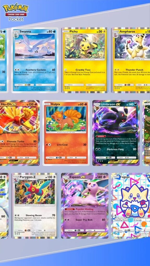 Preview of Pokémon TCG Pocket A4 cards from Wisdom of Sea and Sky set featuring Gen 2 Pokémon