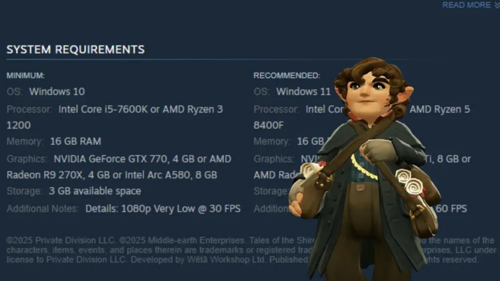 Official Tales of the Shire system requirements chart from Steam