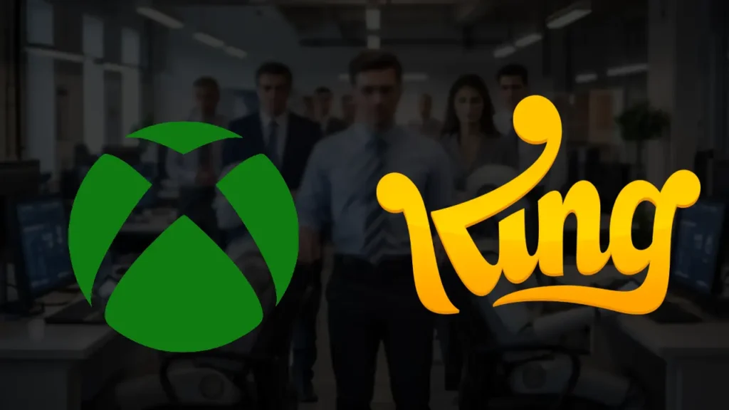 AI robot replacing human Xbox and King developers in a tech office