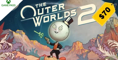 The Outer Worlds 2 official artwork with $70 price tag and Xbox Game Pass logo