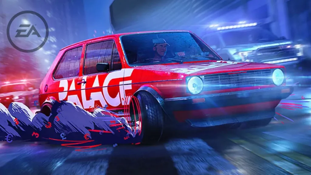 Need for Speed Unbound car drifting with EA logo fading in background