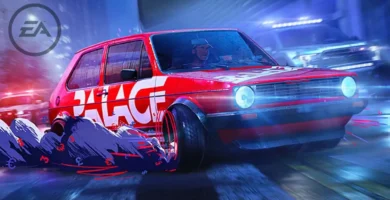 Need for Speed Unbound car drifting with EA logo fading in background