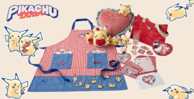 Pikachu Diner merchandise including plates and cups displayed at a Pokémon Center store