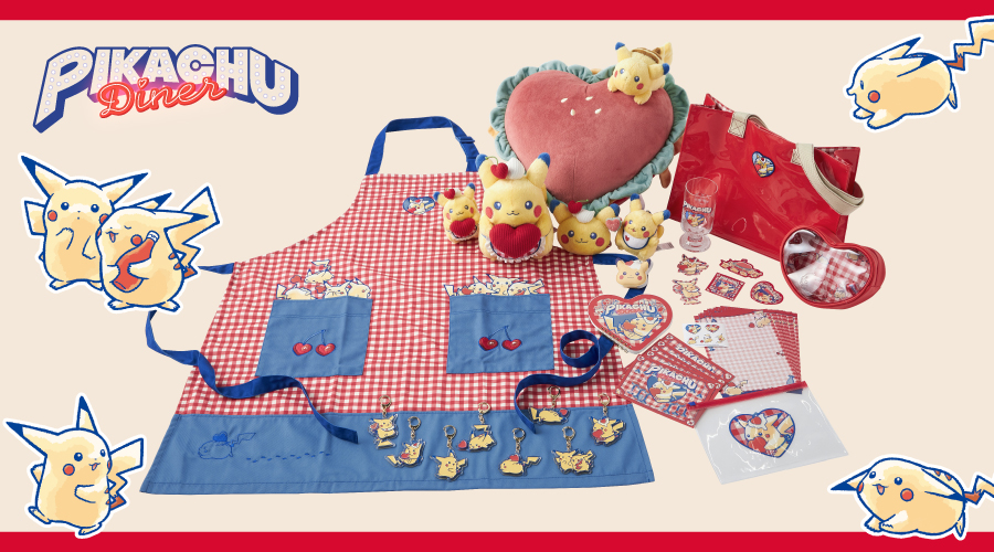 Pikachu Diner merchandise including plates and cups displayed at a Pokémon Center store