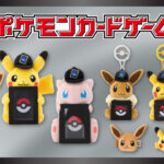 Pokémon TCG plush card stands and accessories featuring Pikachu, Eevee, and Mew