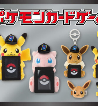 Pokémon TCG plush card stands and accessories featuring Pikachu, Eevee, and Mew