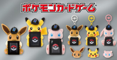 Pokémon TCG plush card stands and accessories featuring Pikachu, Eevee, and Mew