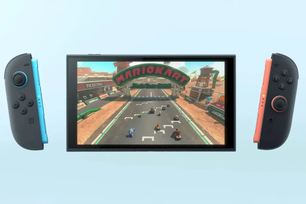Nintendo Switch 2 console with blurred placeholder sales data in background