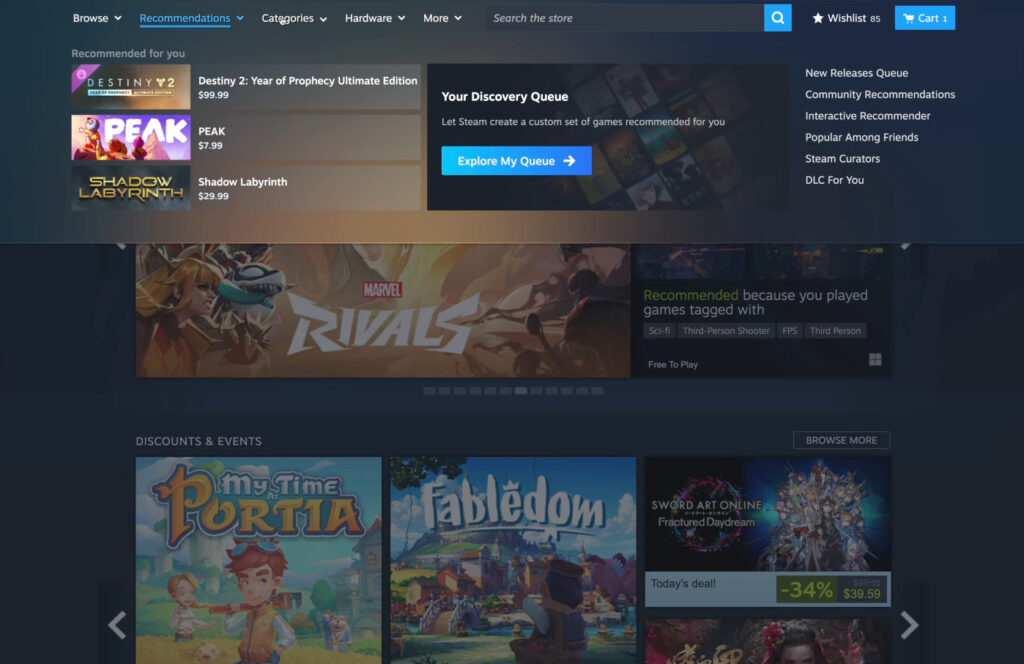 Steam Client Beta showing redesigned store menu and new search layout