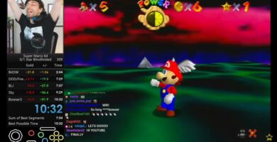 Speedrunner Bubzia playing Super Mario 64 blindfolded with timer visible on screen.