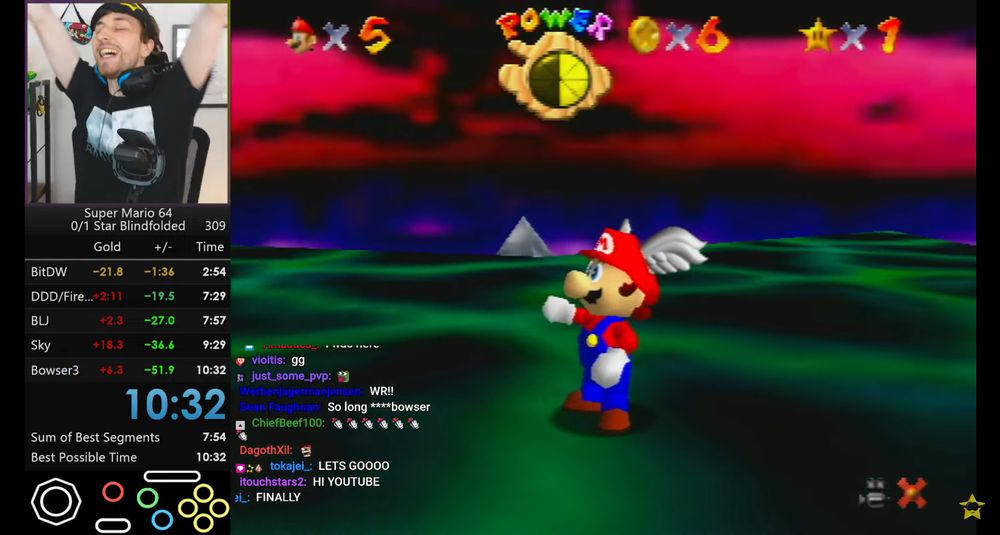 Speedrunner Bubzia playing Super Mario 64 blindfolded with timer visible on screen.