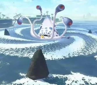 Mario Kart racers dodging Gooper Blooper in a water route hazard challenge