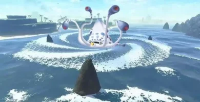 Mario Kart racers dodging Gooper Blooper in a water route hazard challenge