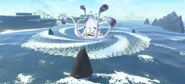 Mario Kart racers dodging Gooper Blooper in a water route hazard challenge