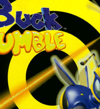 Buck Bumble flying through 3D shooter environment on Nintendo 64 with weapon-equipped bee character