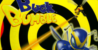 Buck Bumble flying through 3D shooter environment on Nintendo 64 with weapon-equipped bee character