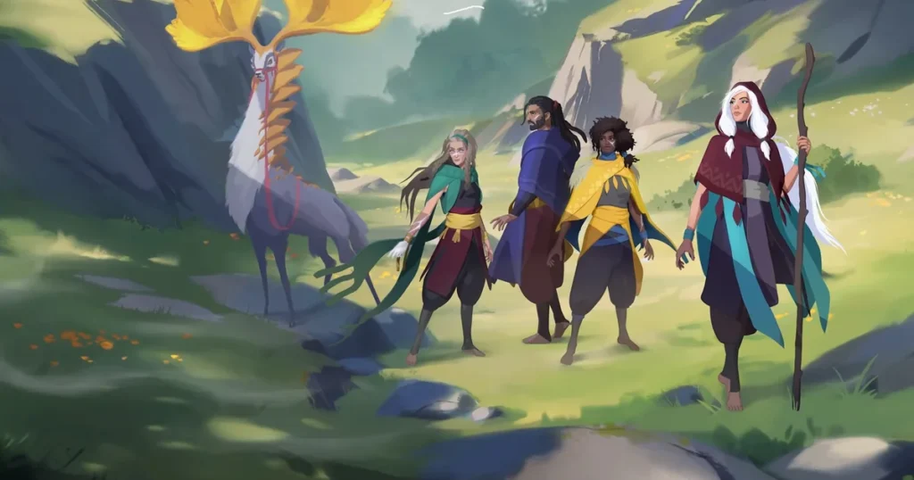 Rare's Everwild concept art featuring mystical creatures in a fantasy forest environment.