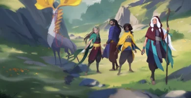 Rare's Everwild concept art featuring mystical creatures in a fantasy forest environment.