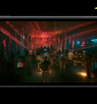 Cyberpunk 2077 gameplay running on Nintendo Switch 2 with update notification on screen