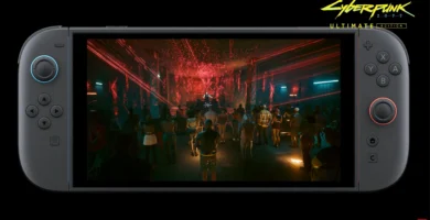 Cyberpunk 2077 gameplay running on Nintendo Switch 2 with update notification on screen