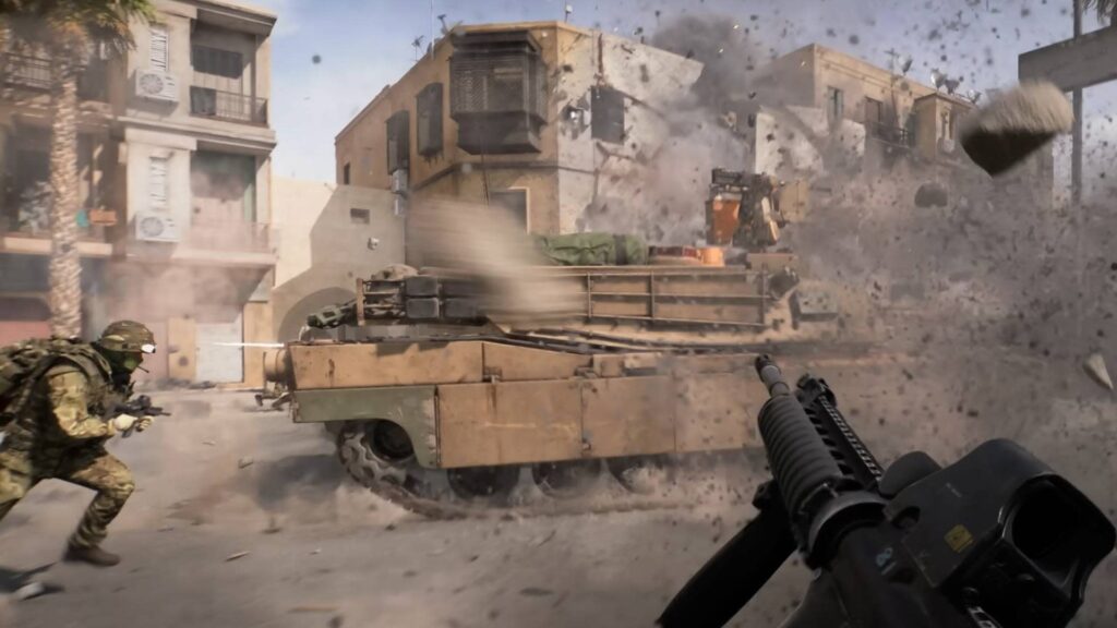 Leaked Battlefield 6 gameplay shows explosive tank physics crushing a car and damaging a building.