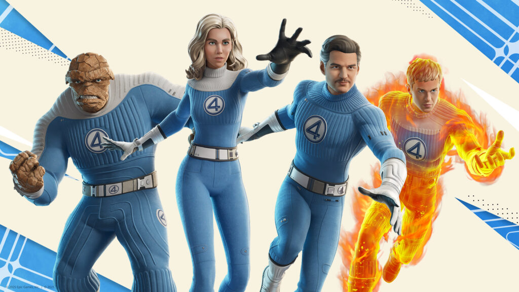 Fortnite characters showcasing new Fantastic Four skins inspired by MCU’s The Fantastic Four: First Steps