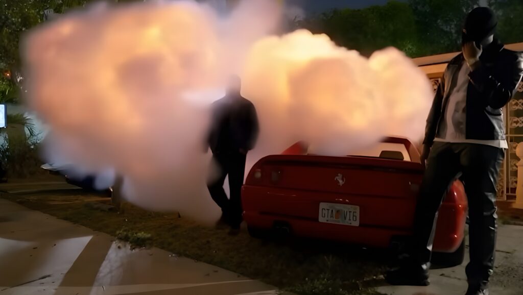 Travis Scott standing beside a car with GTA VI6 license plate in 2000 Excursion music video