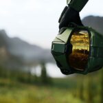 Halo Studios logo affected by Microsoft layoffs, Master Chief under stormy skies