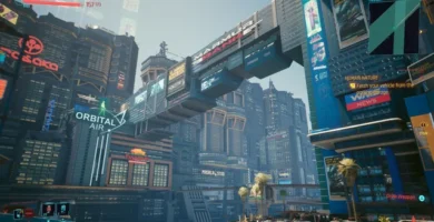 Cyberpunk 2077 gameplay showing futuristic cityscape with first-person perspective