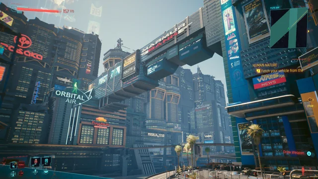 Cyberpunk 2077 gameplay showing futuristic cityscape with first-person perspective
